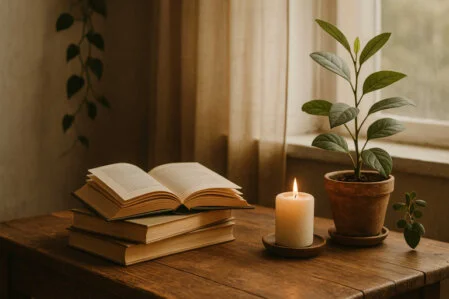 Sanfter, spirituell inspirierter Leseplatz mit Büchern, Kerze und Pflanzen – symbolisches Sliderbild für die Kategorie Bücher & Ratgeber auf Innerereise.