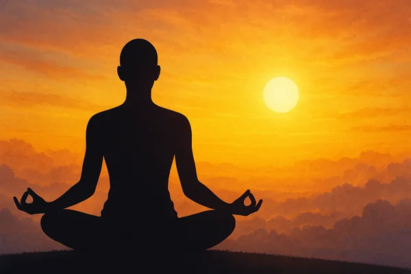 Meditation and Inner Clarity – Silhouette in a Field of Light Silhouette of a meditating person in a warm field of light — a symbol of inner clarity, consciousness work, and personal transformation.