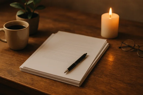 Terms & Conditions (T&Cs) – General Terms and Conditions | Inner Journey Warmly lit still life featuring a stack of papers, a pen, a cup, a candle, and a plant on a wooden table — a neutral symbolic image for the Terms & Conditions section.<br />