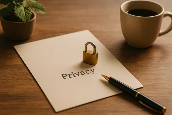 Privacy Policy – Protecting Your Data & Transparency | Inner Journey Still life with a golden padlock on a document, a pen, a cup, and a plant — a warm symbolic image for privacy and data protection.