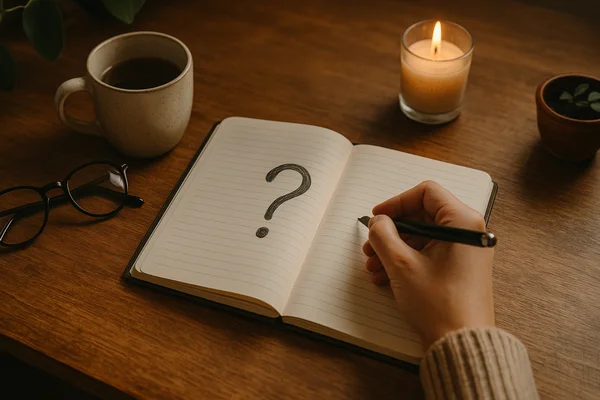 A warmly lit writing scene with a notebook featuring a large question mark drawn inside, next to a cup, a candle, and glasses — a symbolic image for the FAQ page.<br />