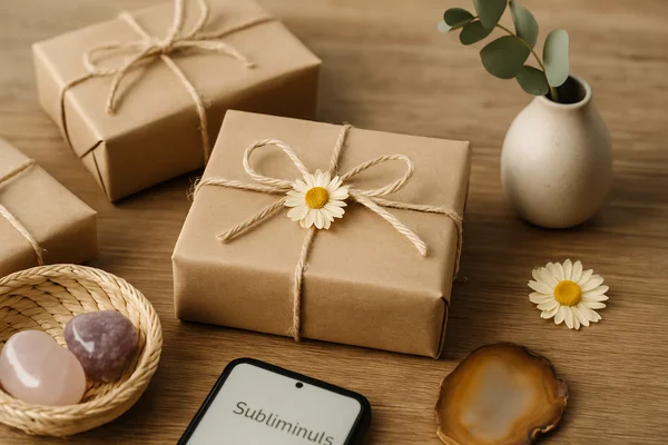 Lovingly wrapped gifts with natural materials, crystals, and a flower—warm, calm still life as a symbol for gift ideas.