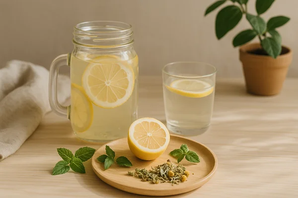 Health & Energy – Boost Naturally and Find New Vitality | Innerereise Natural scene with lemon water, fresh herbs, and chamomile on a light wooden table — a symbolic image for health and renewed energy.