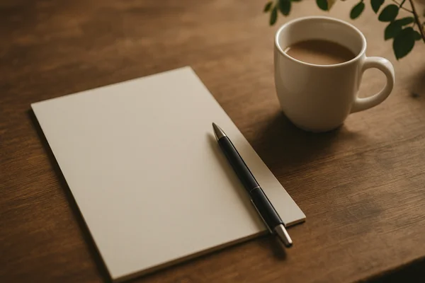 Minimalist scene with a blank sheet of paper, a black pen, and a cup on a wooden table — a neutral still life for the disclaimer section.