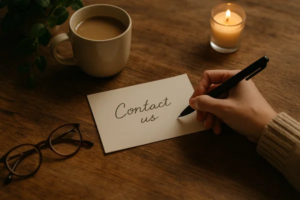 Warm, inviting writing scene with a handwritten contact card, a cup, a candle, a plant, and glasses on a wooden table.<br />