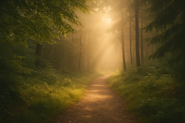 Mission & Vision – On the Path to Inner Clarity and Conscious Development | Inner Journey A forest path in warm morning light leading into a bright opening — a symbolic image for the mission and vision of Inner Journey.