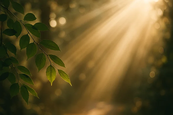 Golden sunbeams filter through leaves in a quiet forest — a symbolic image for consciousness and the philosophy of Inner Journey.<br />