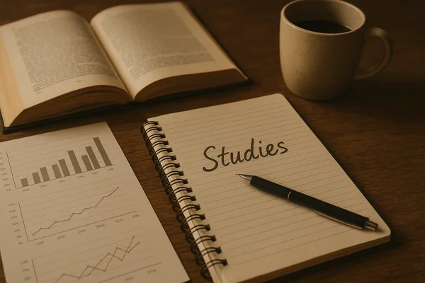 Warmly lit still life featuring a notebook, charts, an open book, and a cup — a symbolic image for studies and research.<br />