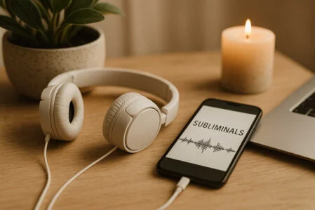 Warmly lit scene with a smartphone, headphones, and a candle—symbolic slider image for the Subliminals category on Innerereise.