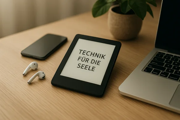 Technology for the Soul – Mindful Tools for Your Inner Well-Being | Innerereise A calm tech still-life scene with an e-book reader, headphones, smartphone, laptop, and a houseplant — a symbolic image for Technology for the Soul.