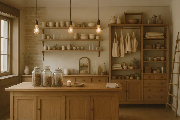 Innerereise Shop – liebevoll gestaltete Wohlfühlprodukte in sanfter Vintage-Atmosphäre Helles, fotorealistisches Vintage-Shop-Ambiente mit Holzregalen, sanften Farbtönen und liebevoll arrangierten Produkten als Symbolbild für den Innerereise-Shop.