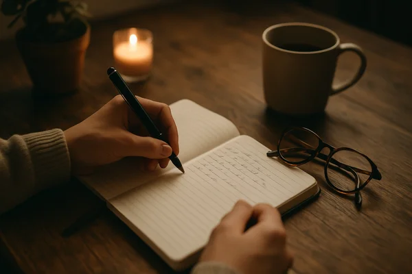 Warme Schreibszene mit Händen, die in ein Notizbuch schreiben, neben Brille, Tasse und Kerze – symbolisches Bild für den Autor.