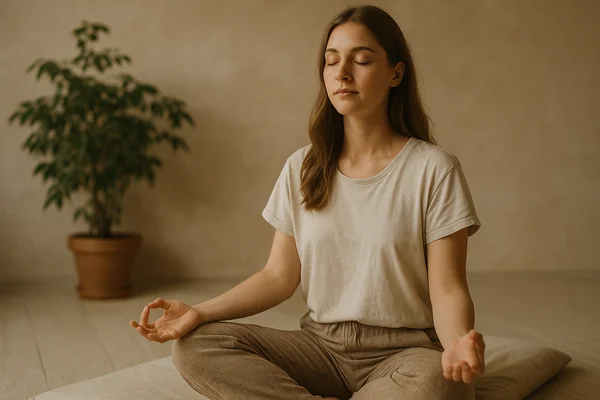 Entspannung & Meditation – Finde Ruhe und innere Balance | Innerereise Junge Frau sitzt entspannt in Meditationshaltung mit geschlossenen Augen in einem ruhigen, warm beleuchteten Raum – symbolisch für Entspannung und Meditation.