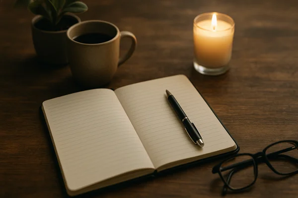 Ruhiges Stillleben mit offenem Notizbuch, Stift, Kaffeetasse, Brille, Kerze und Pflanze auf einem Holztisch – neutrales Symbolbild für den Impressumsbereich.