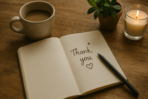 Warm beleuchtete Szene mit Notizbuch, auf dem ‚Thank you‘ steht, sowie Tasse, Pflanze und Kerze – symbolisches Bild für Kundenerfahrungen.