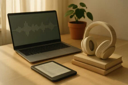 Sanft beleuchtetes, minimalistisches Lern-Setup mit Laptop, Kopfhörern und E-Reader – ideal als symbolisches Sliderbild für Onlinekurse und Hörbücher auf Innerereise.